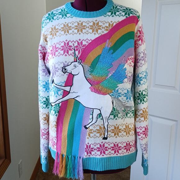 33Degrees Rainbow Unicorn Sweater L fair isle snowflakes soft white tassels ugly - Picture 1 of 15